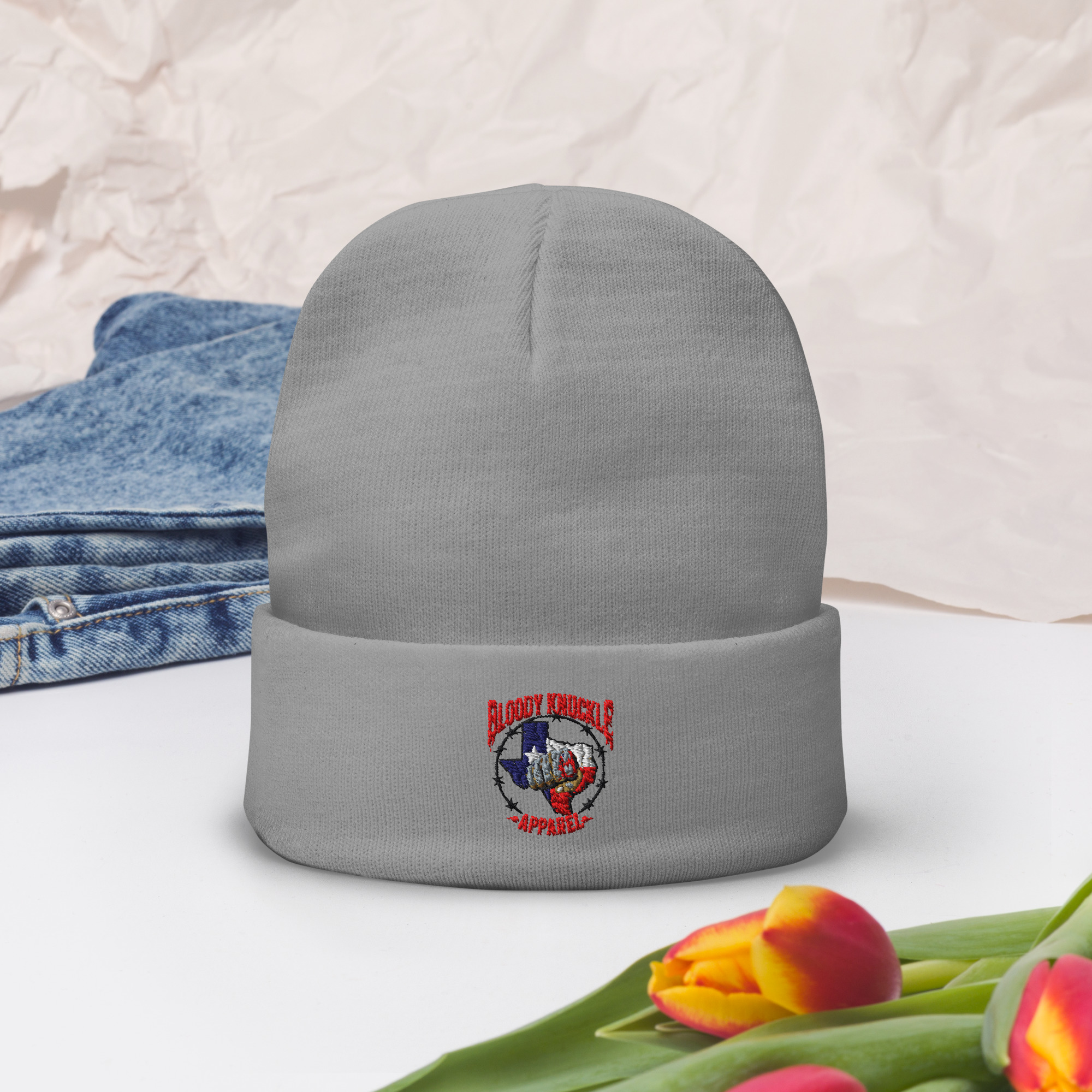 knit-beanie-gray-front-2-696578bec5414.jpg Embroidered Beanie - Image 1